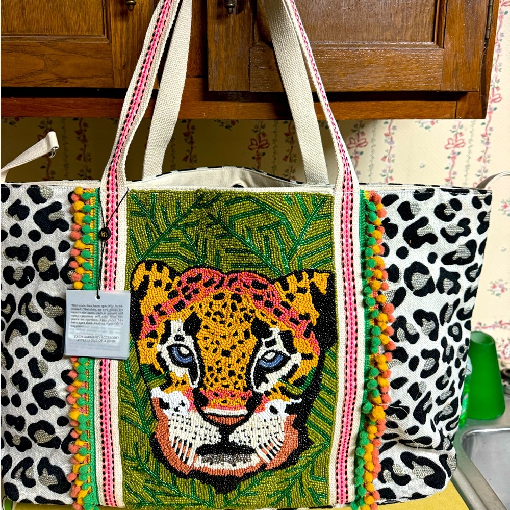 America & Beyond LEOPARD Hand Beaded Lg Tote